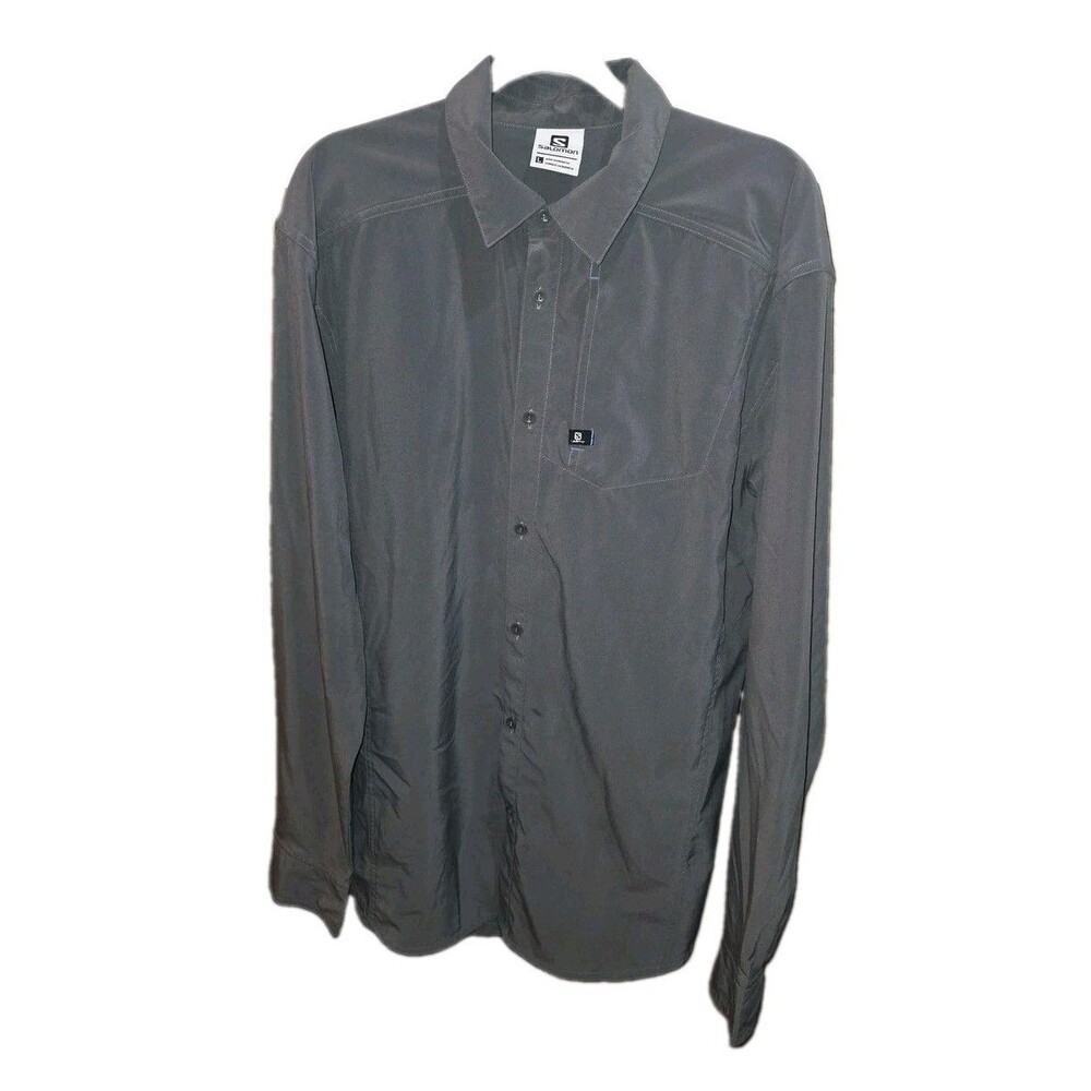 SALOMON Sz L Dark Gray Button Front L/S Logo Casual Outdoor Trail Cycling Shirt
